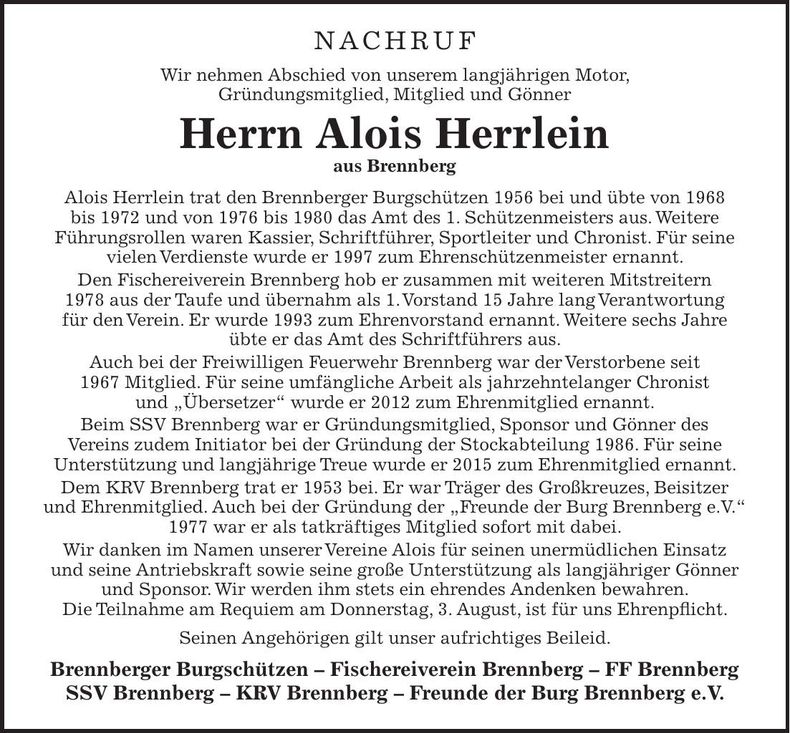 Traueranzeige Alois Herrlein