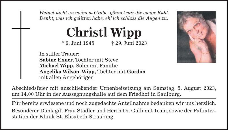 Traueranzeige Christina Wipp