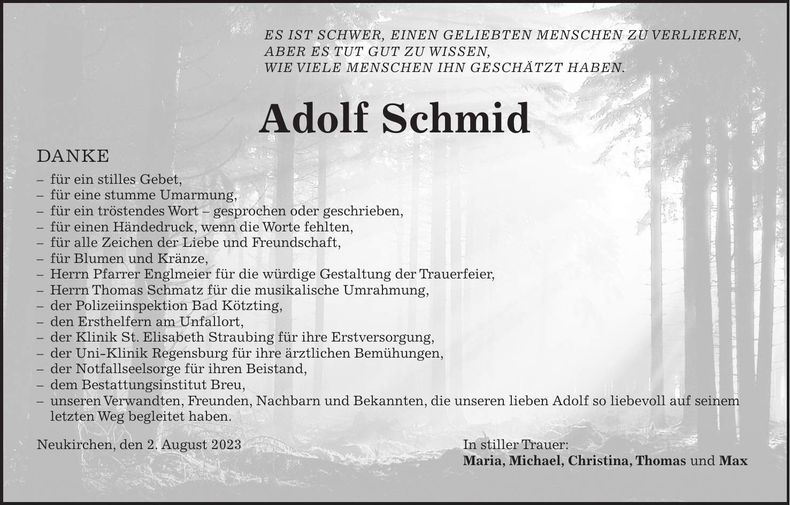 Traueranzeige Adolf Schmid