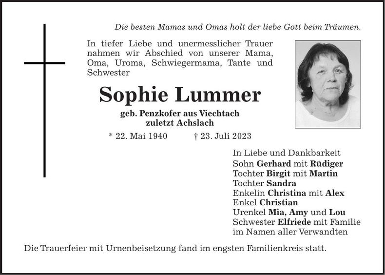 Traueranzeige Sophie Lummer