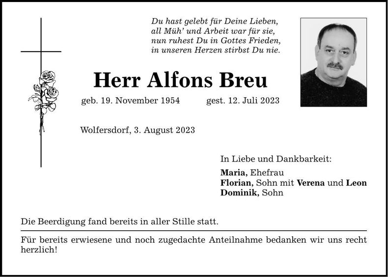 Traueranzeige Alfons Breu