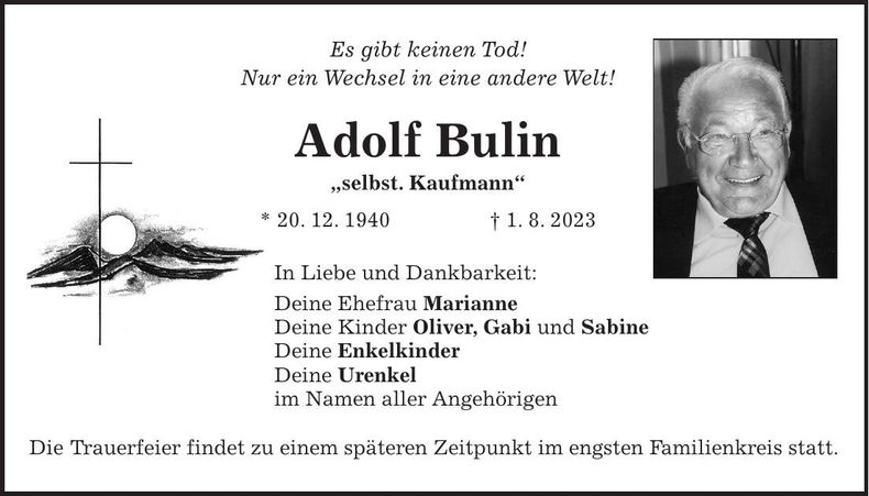Traueranzeige Adolf Bulin
