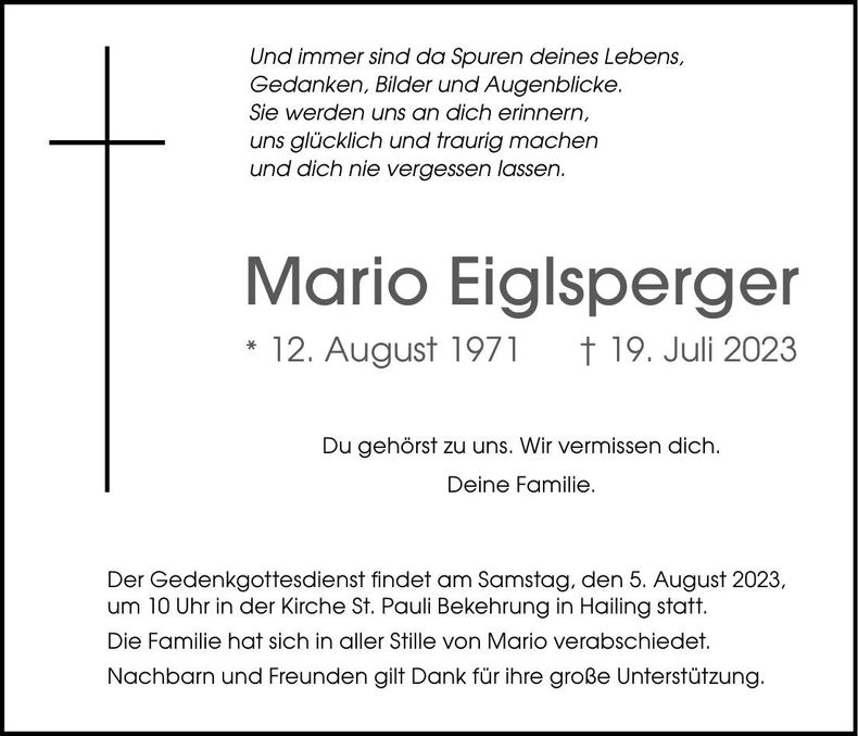 Traueranzeige Mario Eiglsperger