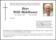 Traueranzeige Willibald Mühlbauer