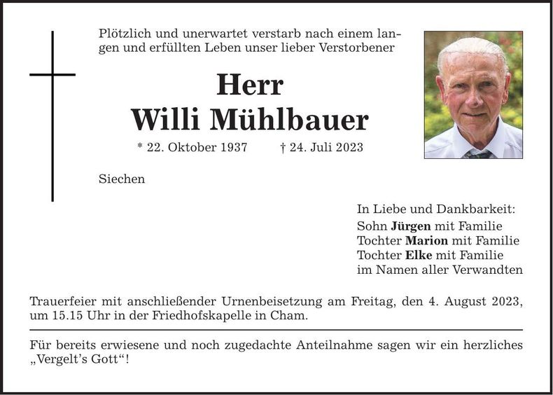 Traueranzeige Willibald Mühlbauer