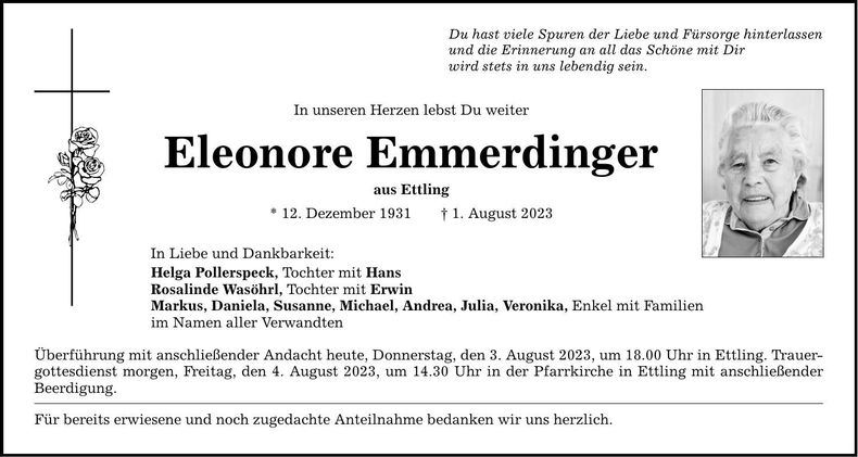 Traueranzeige Eleonore Emmerdinger