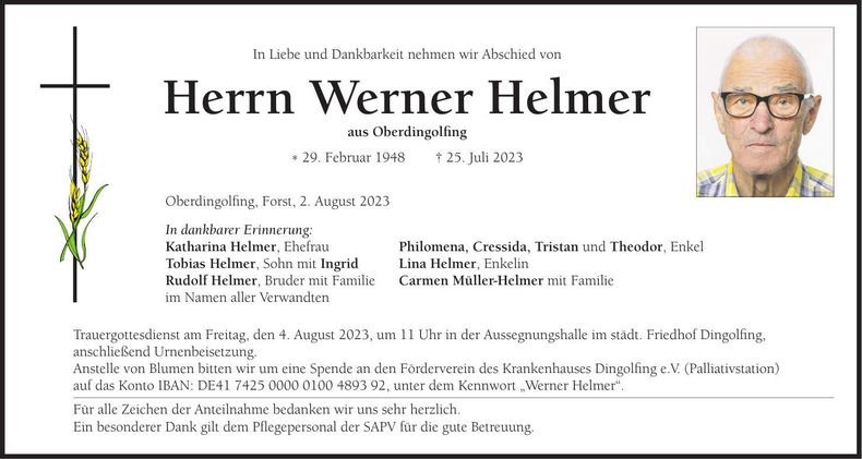 Traueranzeige Werner Helmer