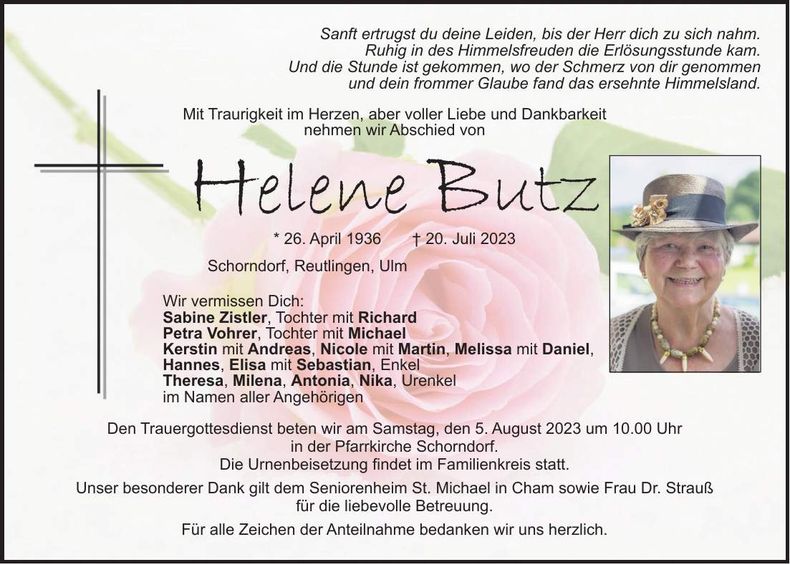 Traueranzeige Helene Butz