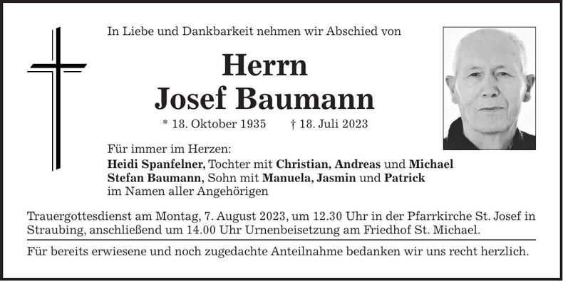 Traueranzeige Josef Baumann
