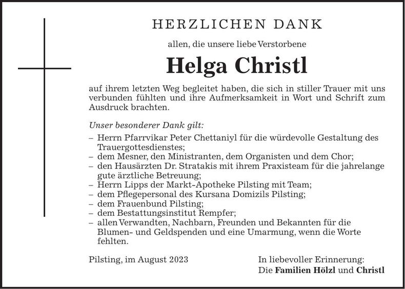 Traueranzeige Helga Christl