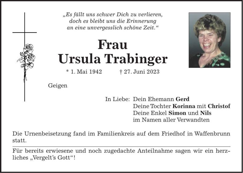 Traueranzeige Ursula Trabinger