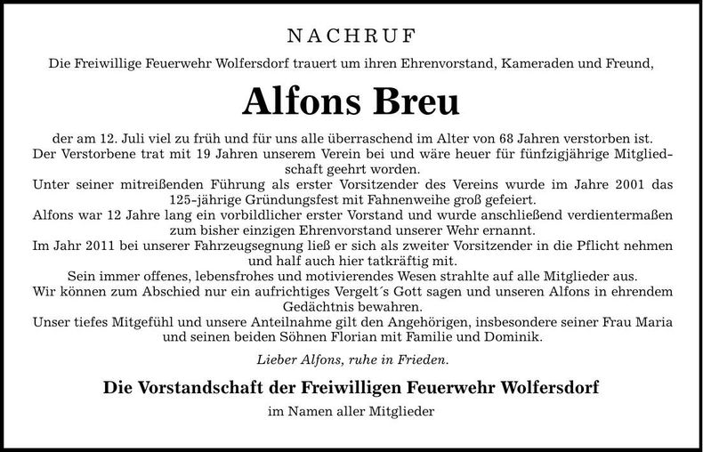 Traueranzeige Alfons Breu