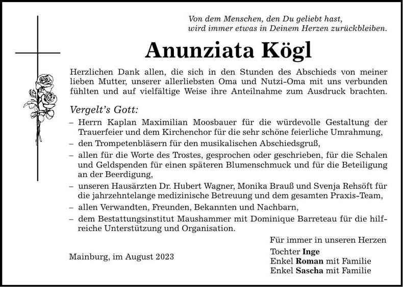 Traueranzeige Anunziata Kögl