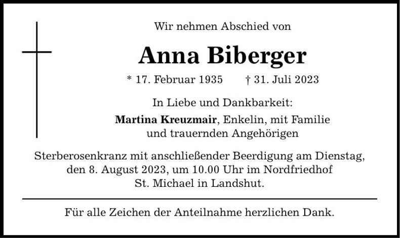 Traueranzeige Anna Biberger