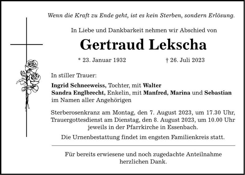 Traueranzeige Gertraud Lekscha