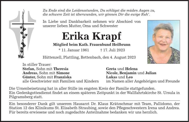 Traueranzeige Erika Krapf