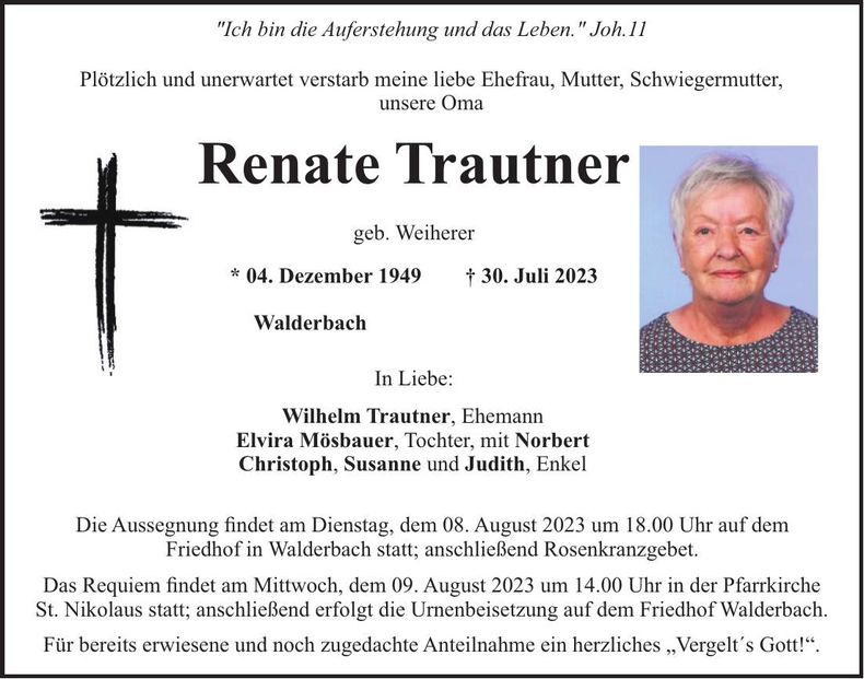 Traueranzeige Trautner Renate
