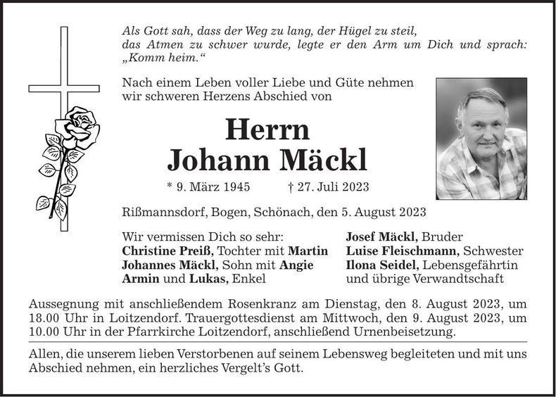 Traueranzeige Johann Mäckl