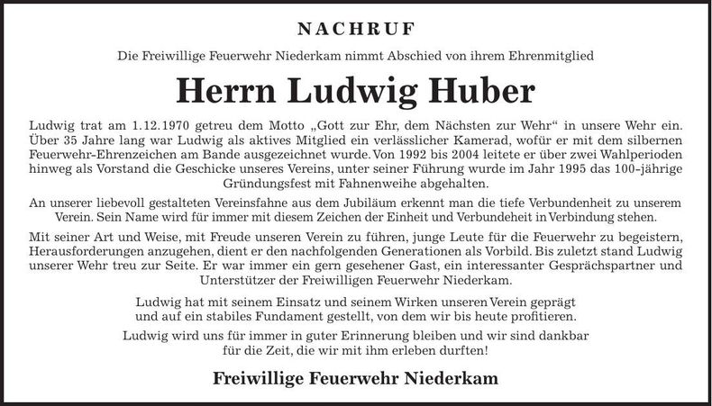 Traueranzeige Ludwig Huber