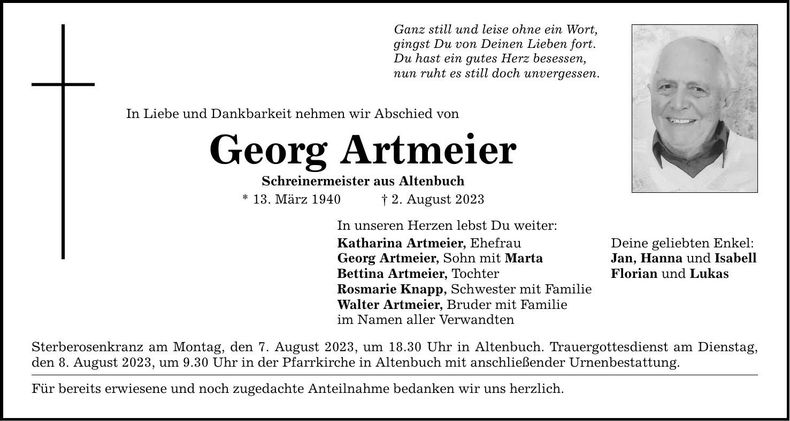 Traueranzeige Georg Artmeier