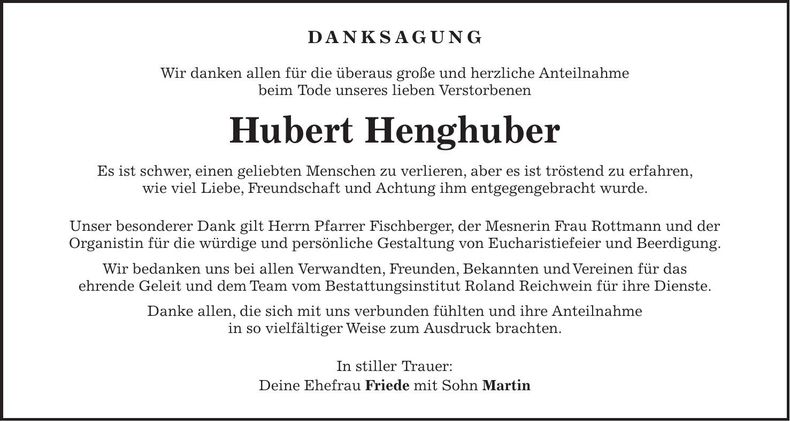 Traueranzeige Hubert Henghuber