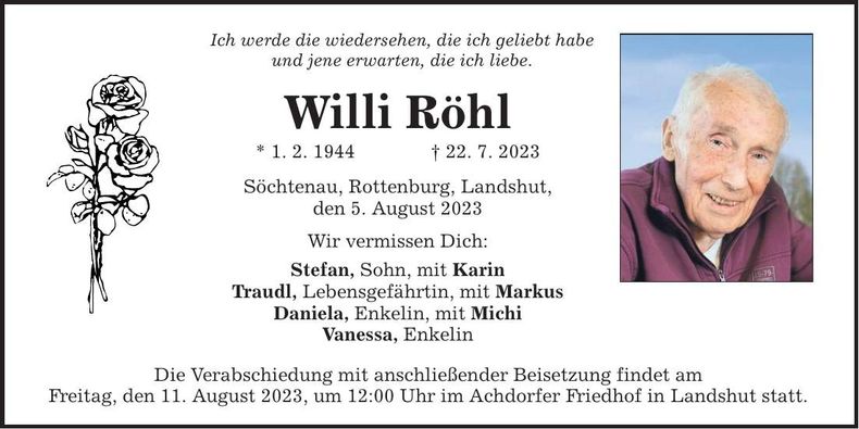 Traueranzeige Willi Röhl