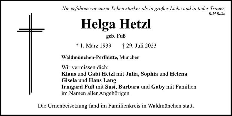 Traueranzeige Helga Hetzl