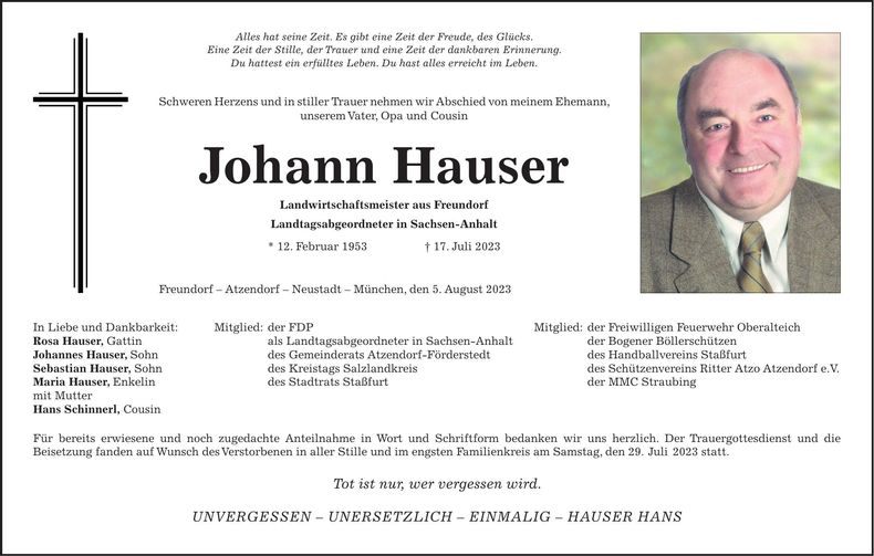 Traueranzeige Johann Hauser