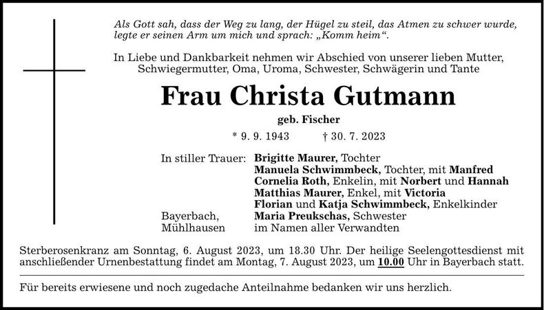 Traueranzeige Christa Gutmann