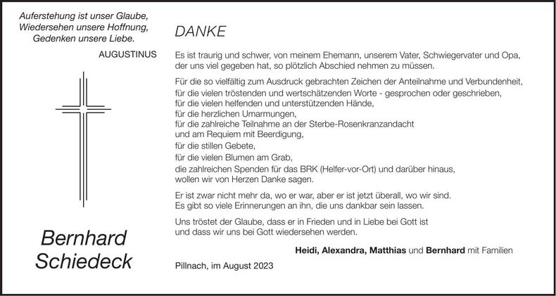 Traueranzeige Bernhard Schiedeck