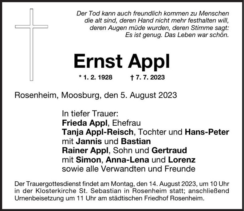 Traueranzeige Ernst Appl