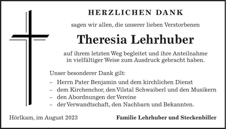 Traueranzeige Theresia Lehrhuber