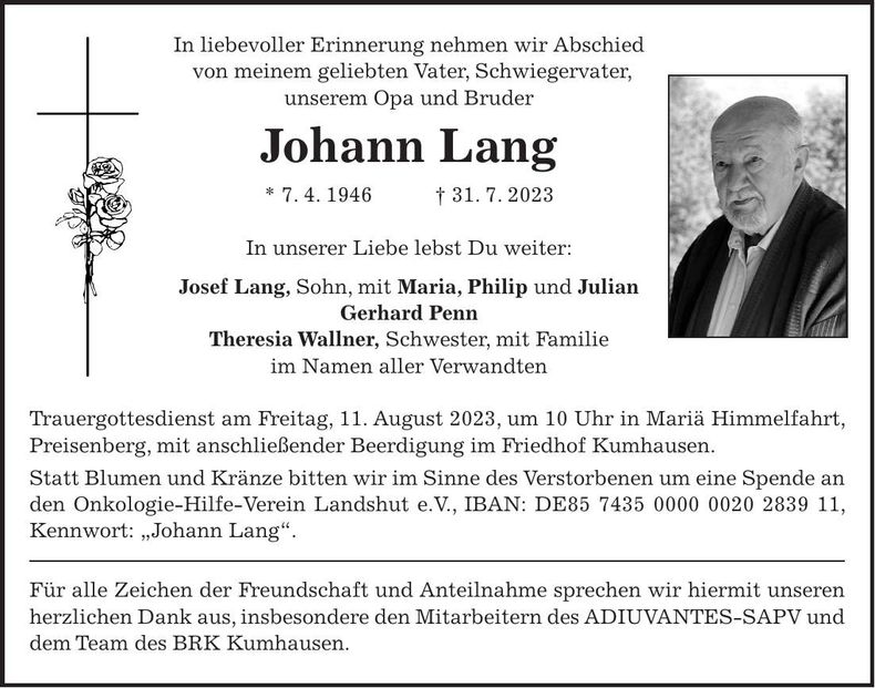 Traueranzeige Johann Lang