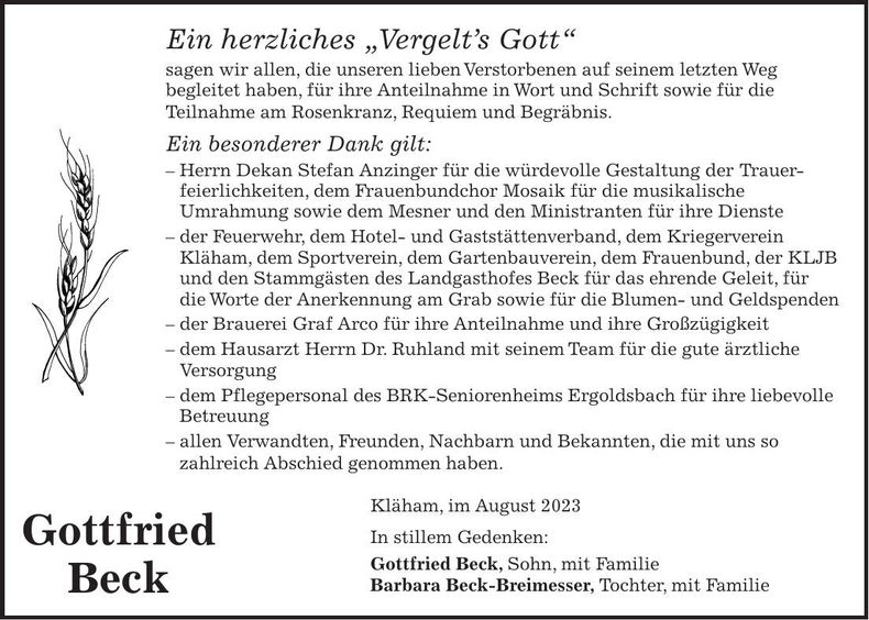 Traueranzeige Gottfried Beck