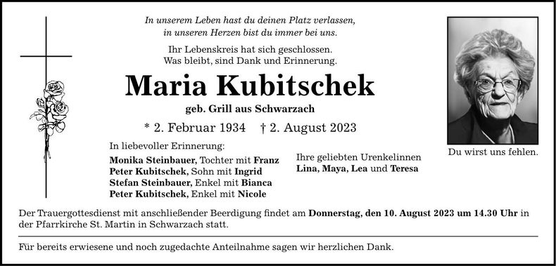 Traueranzeige Maria Kubitschek