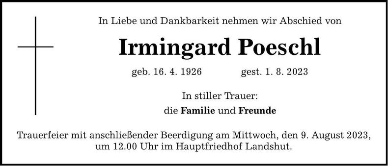 Traueranzeige Irmingard Poeschl