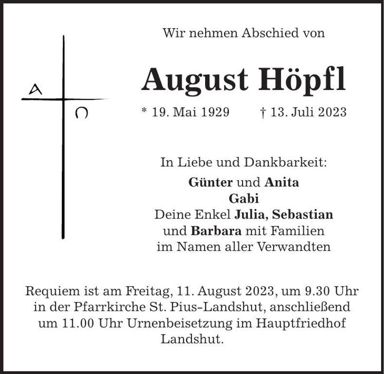 Traueranzeige August Höpfl