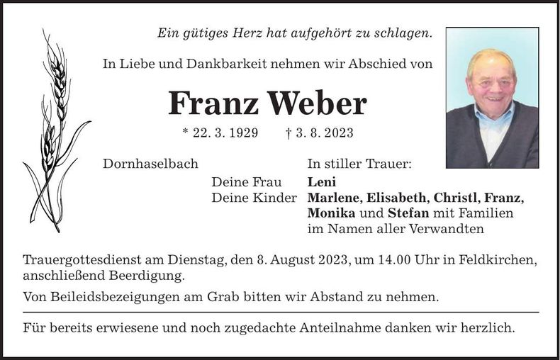 Traueranzeige Franz Weber