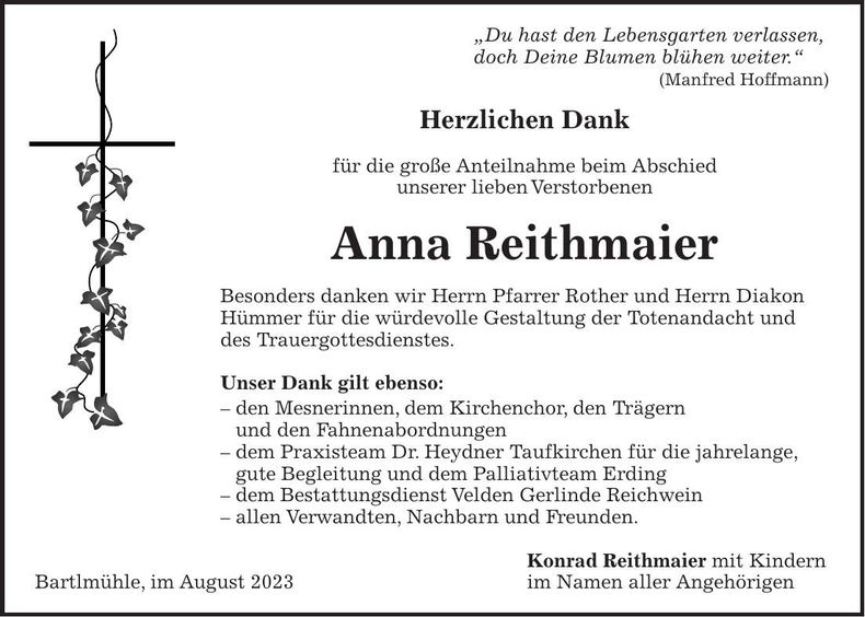Traueranzeige Anna Reithmaier