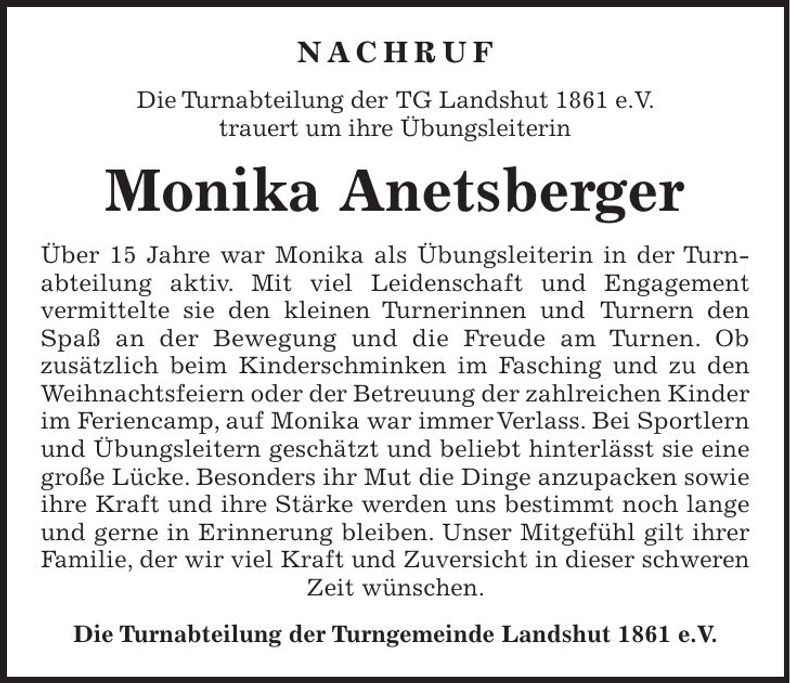 Traueranzeige Monika Anetsberger