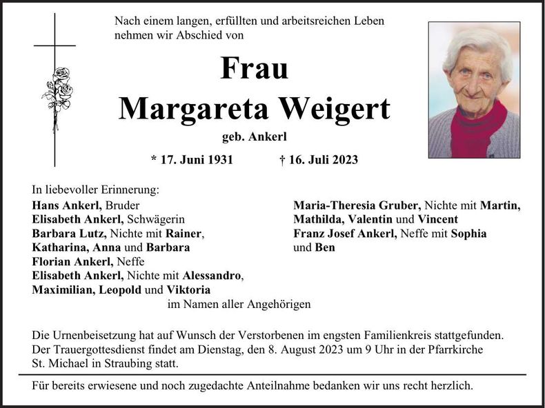 Traueranzeige Margareta Weigert