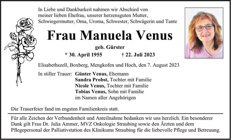 Traueranzeige Manuela Venus