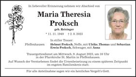 Traueranzeige Maria Theresia Proksch