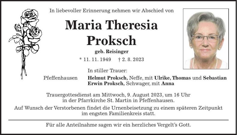 Traueranzeige Maria Theresia Proksch