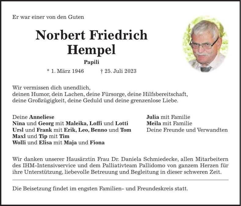 Traueranzeige Norbert Friedrich Hempel