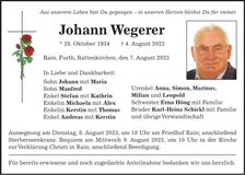Traueranzeige Johann Wegerer