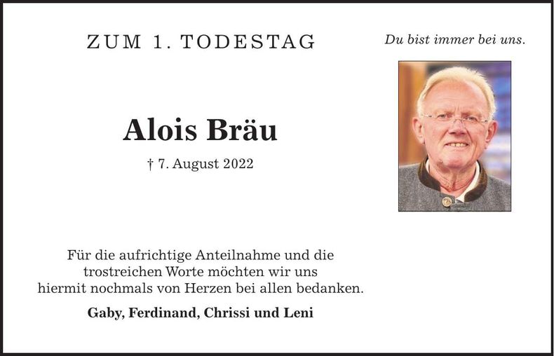 Traueranzeige Alois Bräu