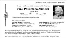 Traueranzeige Philomena Aumeier