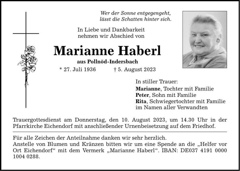 Traueranzeige Marianne Haberl