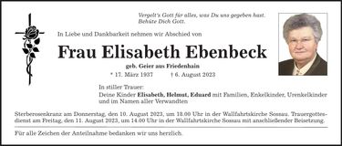 Traueranzeige Elaisabeth Ebenbeck